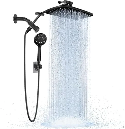 Veken Wide Rain Shower Head with Multi-Modes Handheld Water Spray, High Pressure Showerhead Combo with Arm, Adjustable Dual Shower with Anti-Clog Nozzles, Matte Black