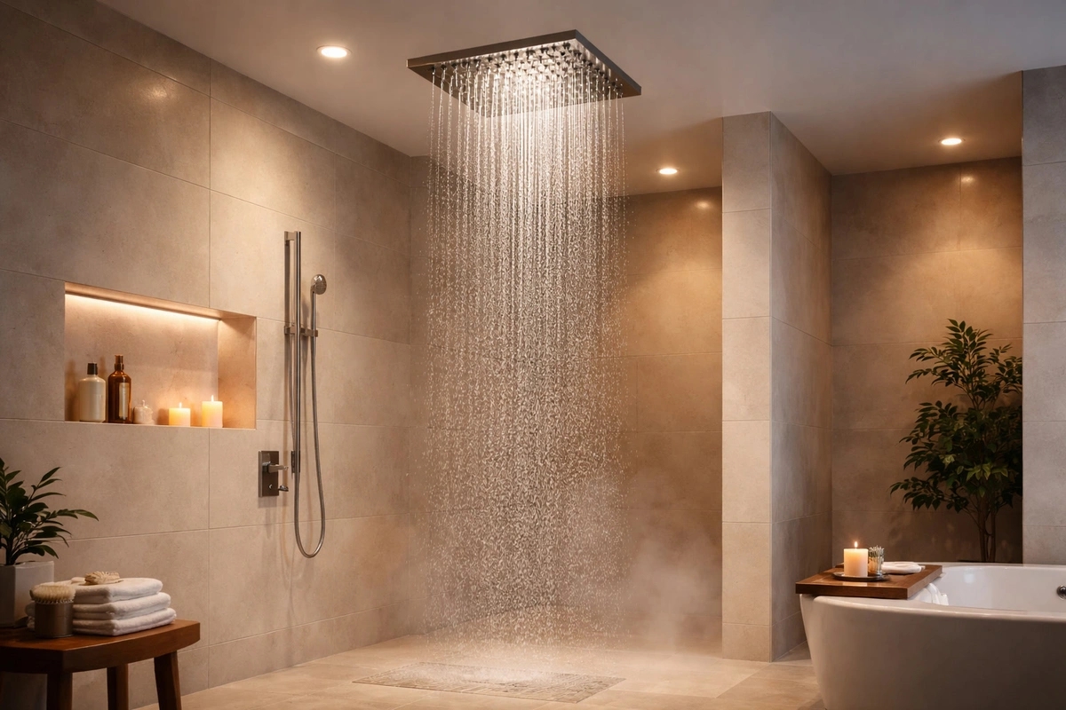 Best rainfall shower heads of 2026 — 5 expert-tested rain heads displayed in a luxurious modern bathroom with steam and soft lighting