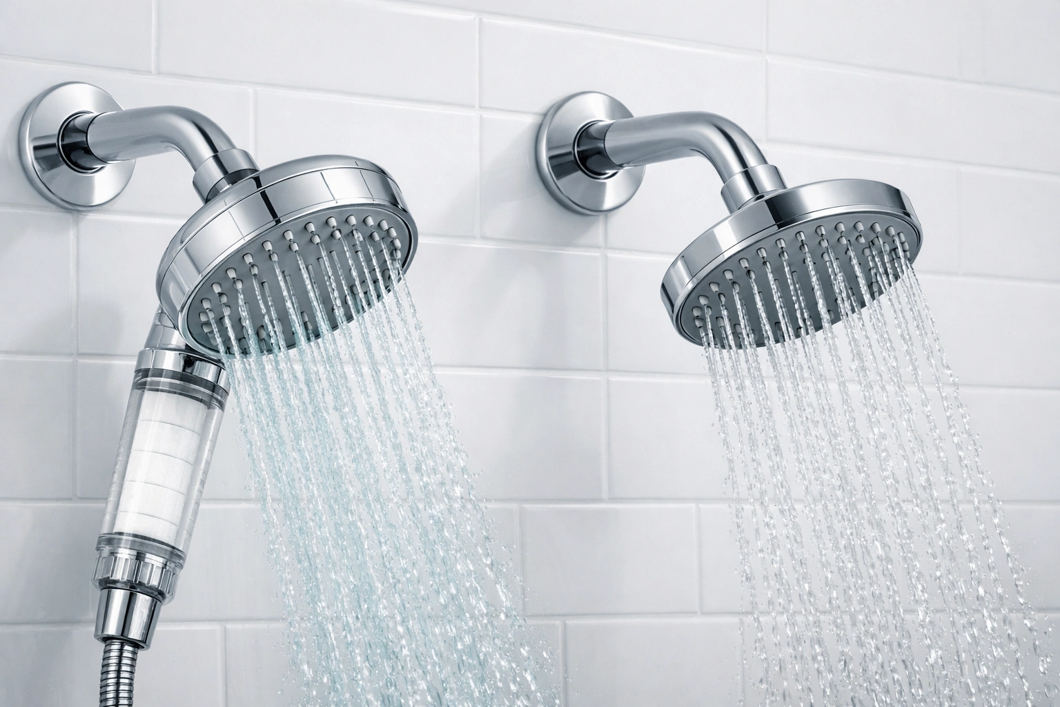 Filtered vs regular shower head comparison showing filter cartridge internals and water quality difference